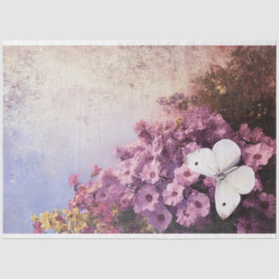 Papel De Seda Mariposa Blanca Flores Purpúreas Impresionista