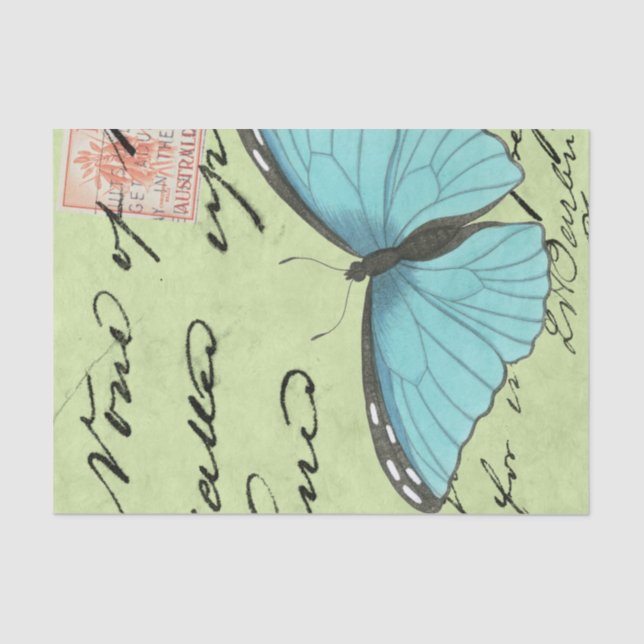 Papel De Seda Mariposa de ala azul en postal Verde azulada (Anverso)