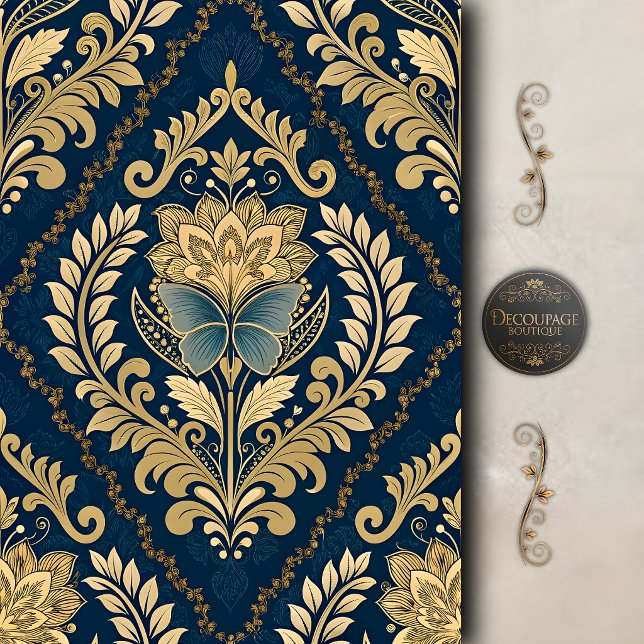 Papel De Seda Mariposa de Damasco de Decoupage de Oro Azul (Blue Gold Butterfly Damask Decoupage Tissue Paper)