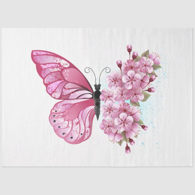 Papel De Seda Mariposa de flores con Sakura rosa (Anverso)