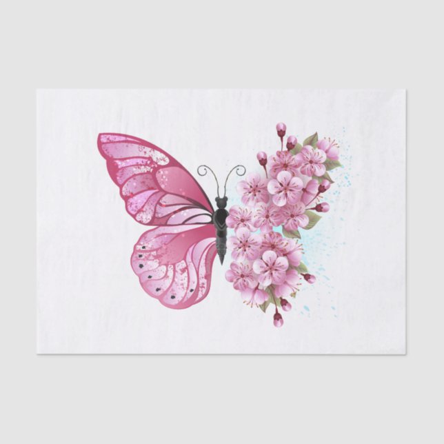 Papel De Seda Mariposa de flores con Sakura rosa (Anverso)