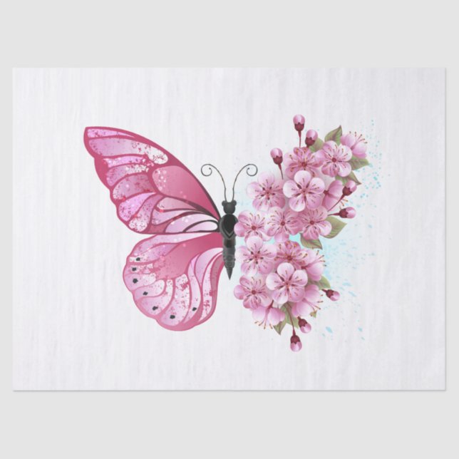 Papel De Seda Mariposa de flores con Sakura rosa (Anverso)