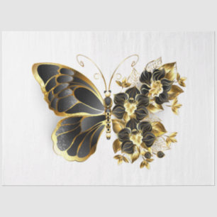 Papel De Seda Mariposa de flores de oro con orquídea negra