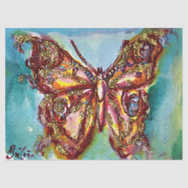 Papel De Seda MARIPOSA DORADA EN Aquarela AZUL (Anverso)