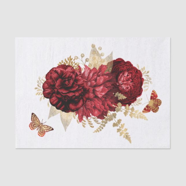 Papel De Seda Mariposa floral de oro rojo rosas (Anverso)