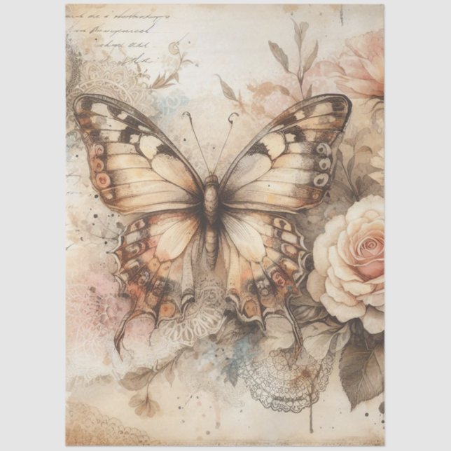Papel De Seda Mariposa floral rústica elegante grande (Anverso)