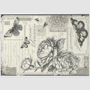 Papel De Seda Mariposa Floral Vintage Blanco Negro Para Artista