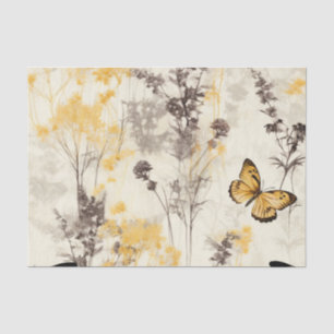 Papel De Seda Mariposa Flores Amarillas Negras Etéreas Delicadas