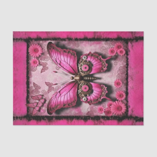Papel De Seda Mariposa industrial rosa con descomposición floral (Anverso)