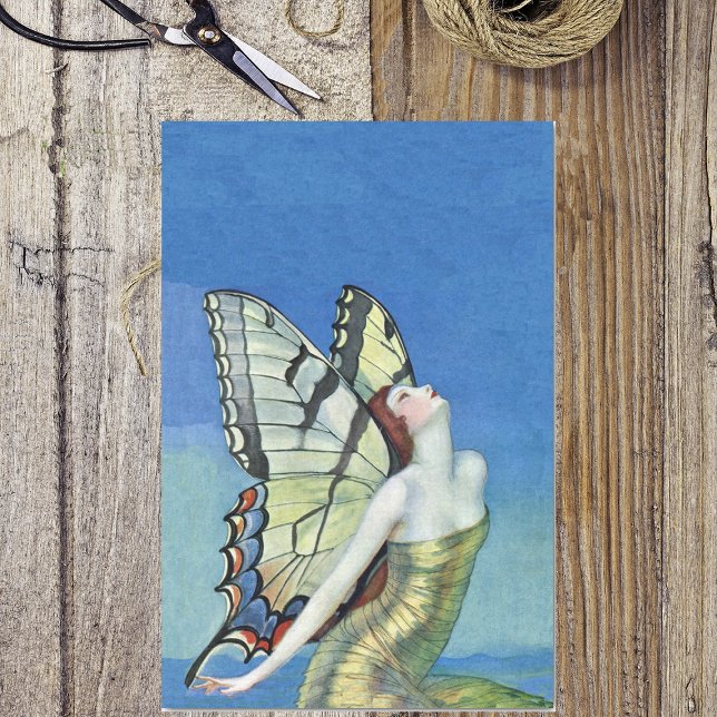 Papel De Seda Mariposa monarca Red Hair Vintage (Beautiful monarch butterfly fairy in golden dress under blue sky on wrapping tissue paper.)