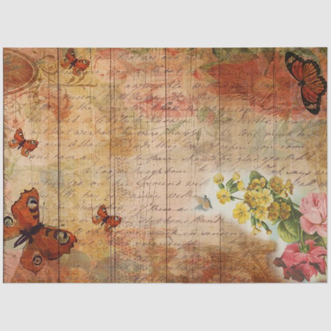 Papel De Seda Mariposa rosa de verano con efemera de flores (Anverso)
