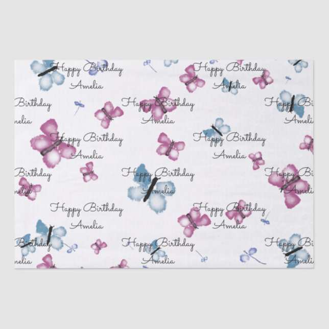 Papel De Seda Mariposa rosa y azul monograma (Anverso)