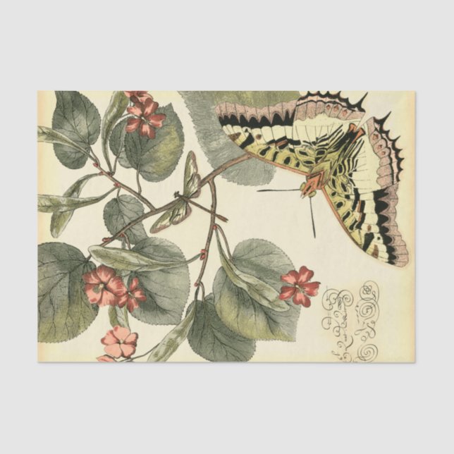 Papel De Seda Mariposa y libélula con flores rojas (Anverso)