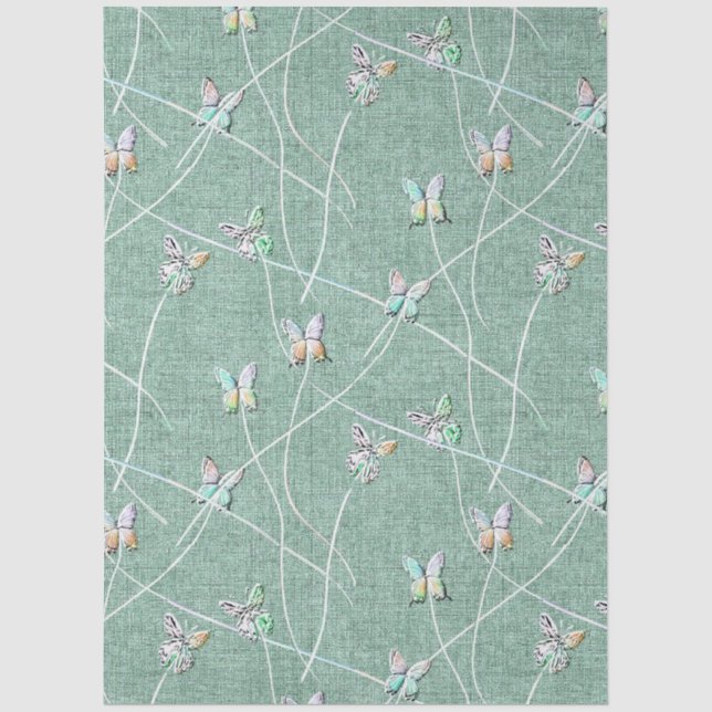 Papel De Seda Mariposas acuarela sobre verde menta (Anverso)