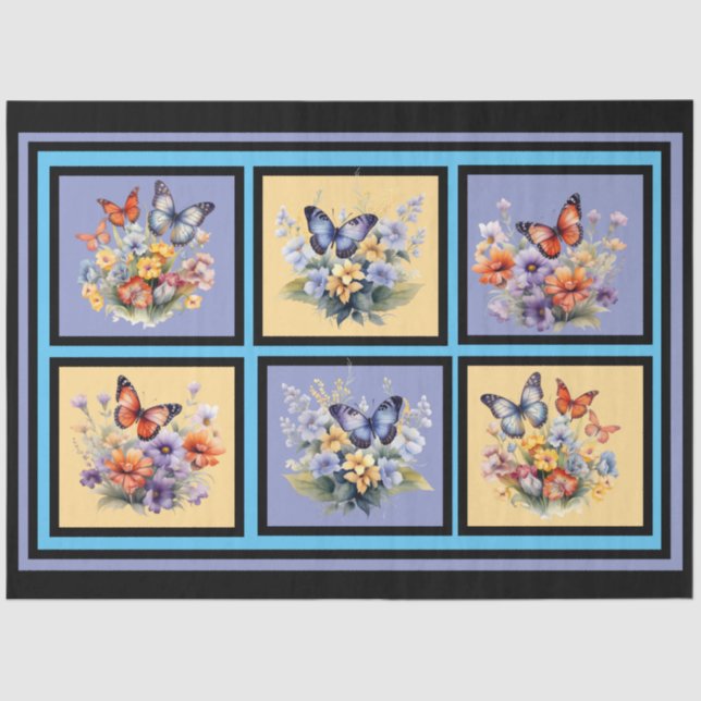 Papel De Seda Mariposas acuarelas florales en la descomposición  (Anverso)