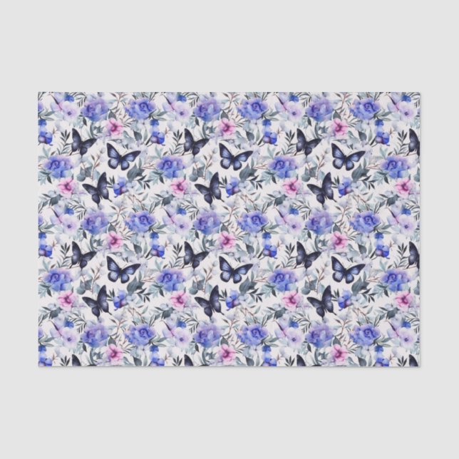 Papel De Seda Mariposas Azules y Flores  (Anverso)