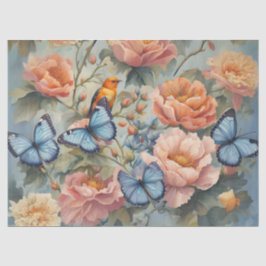 Papel De Seda Mariposas azules y pájaro en un jardín de flores