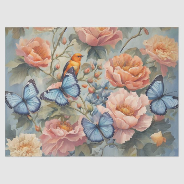 Papel De Seda Mariposas azules y pájaro en un jardín de flores (Anverso)