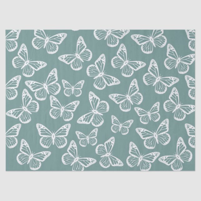 Papel De Seda Mariposas Cutas Elegante Patrón Bonito Sage Verde (Anverso)