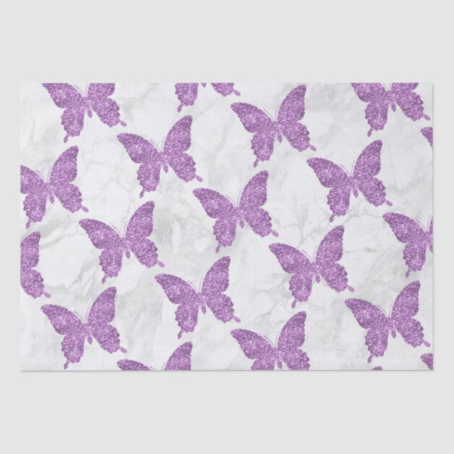 Papel De Seda Mariposas de mármol blanco y purpurina morada (Anverso)