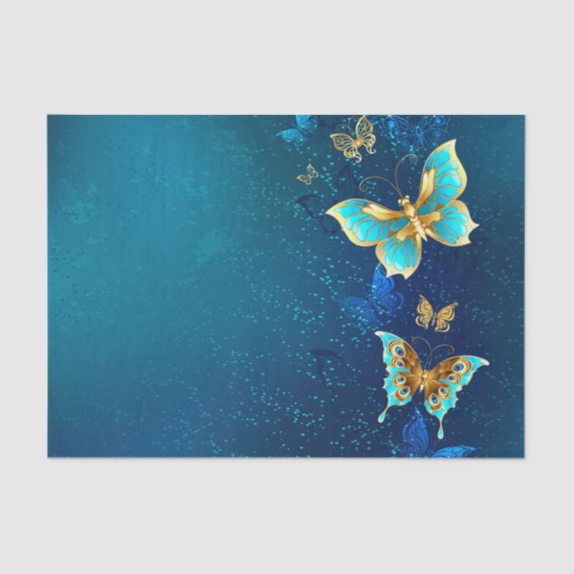 Papel De Seda Mariposas doradas sobre fondo azul (Anverso)