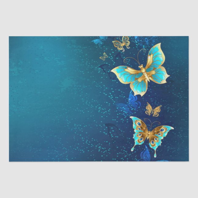 Papel De Seda Mariposas doradas sobre fondo azul (Anverso)