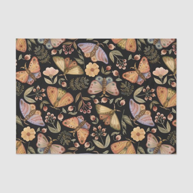 Papel De Seda Mariposas, flores y bayas negras (Anverso)