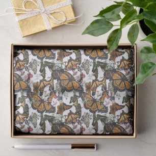 Papel De Seda Mariposas Monarca y Patrón Botánico Floral