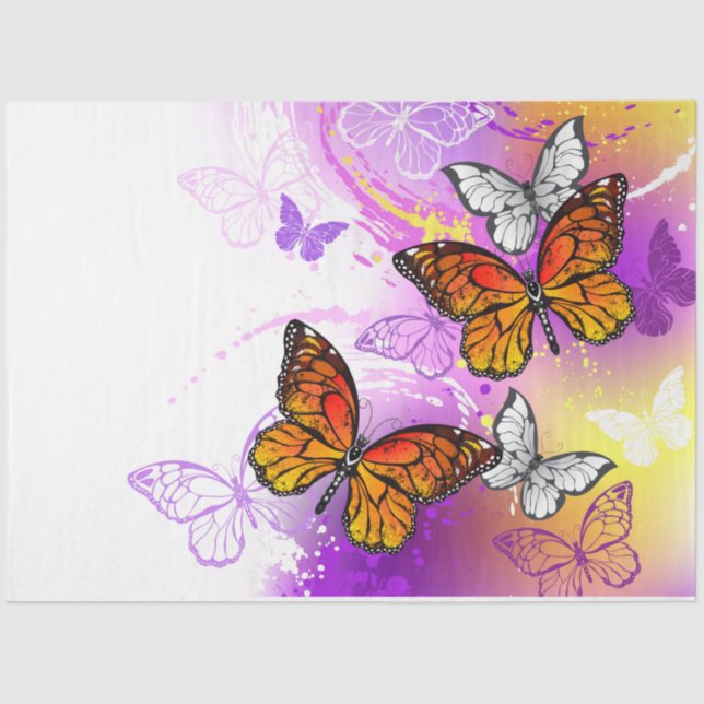 Papel De Seda Mariposas monarcas en fondo morado (Anverso)