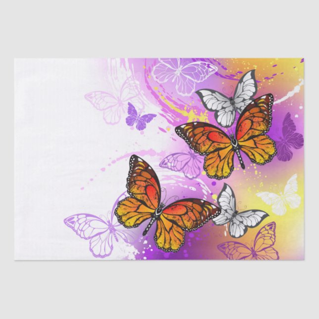 Papel De Seda Mariposas monarcas en fondo morado (Anverso)