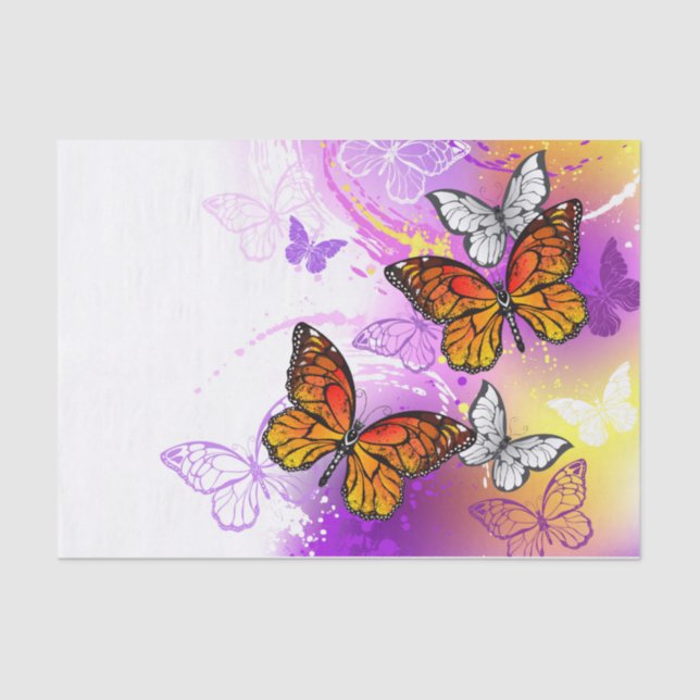 Papel De Seda Mariposas monarcas en fondo morado (Anverso)