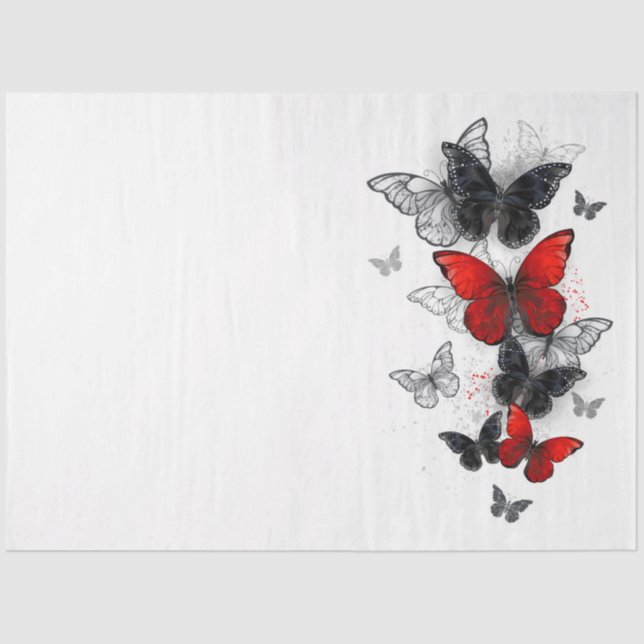 Papel De Seda Mariposas Morpho voladoras negras y rojas (Anverso)