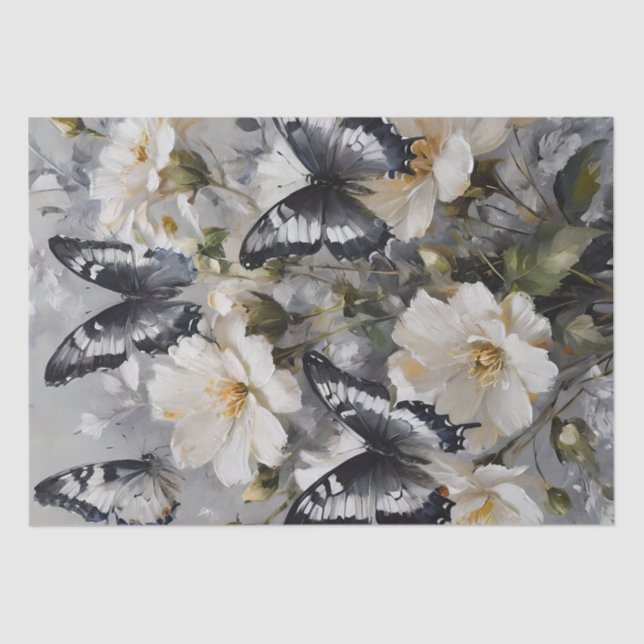 Papel De Seda Mariposas Negras Y Blancas Sobre Flores Blancas, (Anverso)