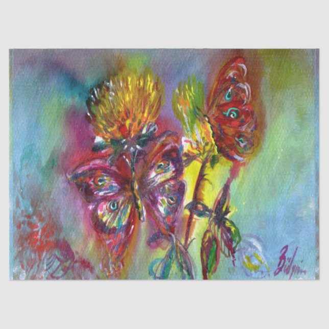 PAPEL DE SEDA MARIPOSAS ROJAS SOBRE LOS AMARILLOS AMARILLOS,AZUL (Anverso)