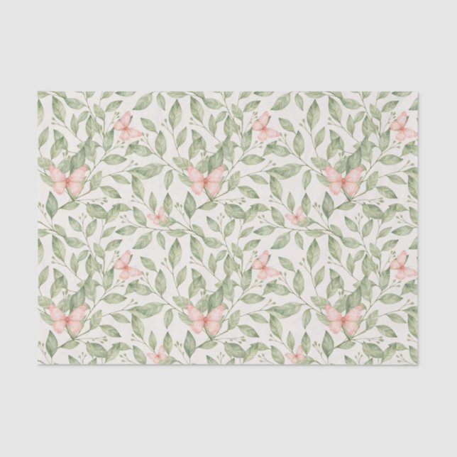 Papel De Seda mariposas rosadas y follaje verde (Anverso)