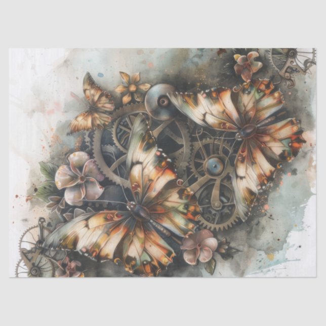 Papel De Seda Mariposas Steampunk Flores y Engranajes Decoupage (Anverso)