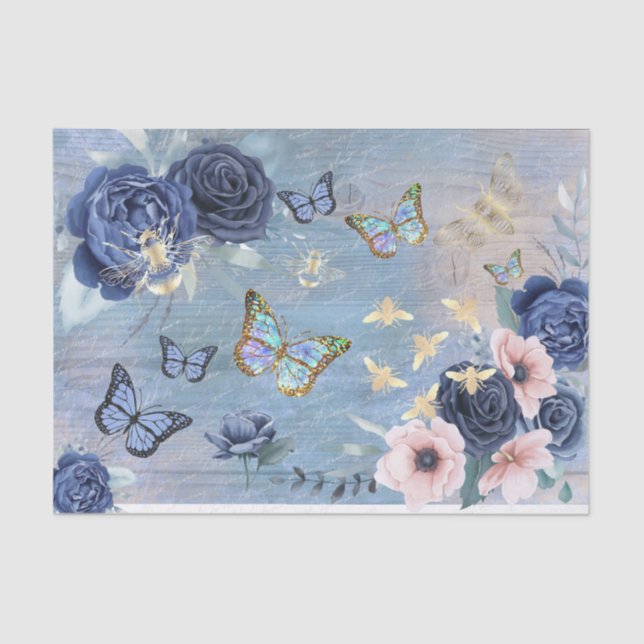 Papel De Seda mariposas y abejas florales azules (Anverso)