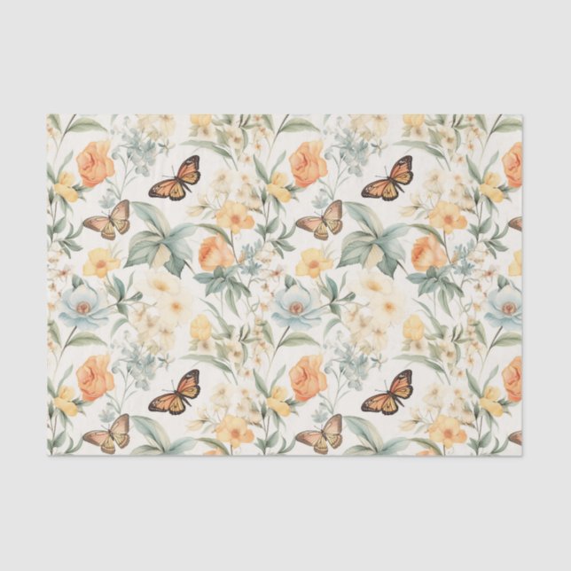 Papel De Seda Mariposas y flores amarillas y Naranjas (Anverso)