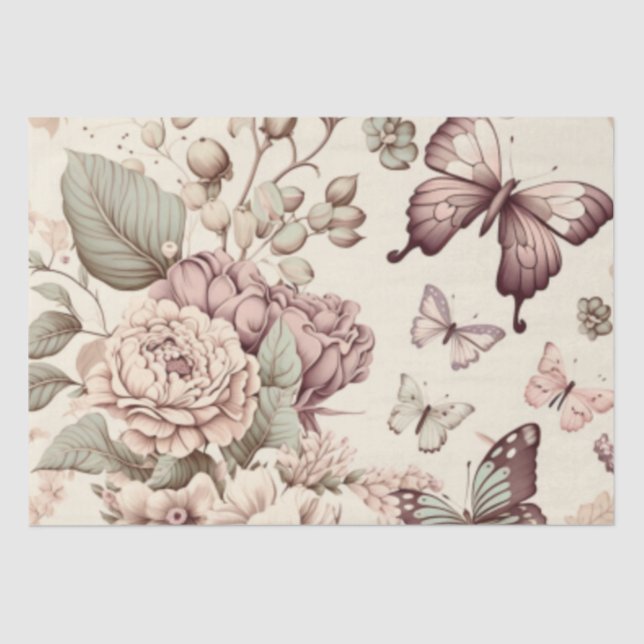 Papel De Seda Mariposas y flores decoración en tonos pastel (Anverso)