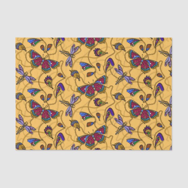 Papel De Seda Mariposas y libélulas de joyas en amarillo (Anverso)