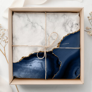 Papel De Seda Mármol Blanco Agata Azul Marino Dorado