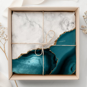 Papel De Seda Mármol Blanco Agata Azul Teñido Dorado
