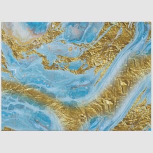 Papel De Seda Mármol de color azul y Relieve metalizado dorado