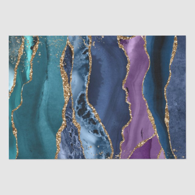 Papel De Seda Mármol Purpurina de oro azul turquesa (Anverso)