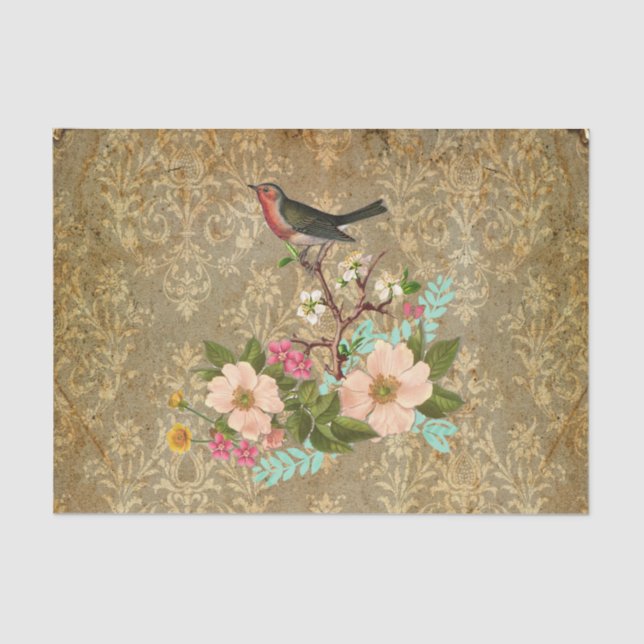 Papel De Seda marrón floral del victorian del pájaro del damasco (Anverso)