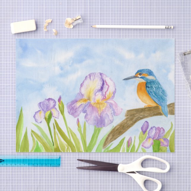 Papel De Seda Martín pescador acuarela con lirios púrpura  (Artesanía)