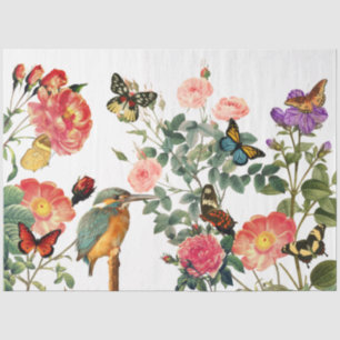 Papel De Seda Martín pescador vintage, flores mariposas decoupag