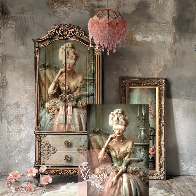 Papel De Seda Mary Antoinette Delectable, Retrato y Floral (Mary Antoinette Delectable, Portrait and floral vintage scene, sage green & pink decoupage paper.)