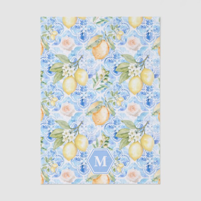 Papel De Seda Mediterranean Blue Tile Limoncello Monogram Name (Anverso)