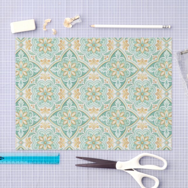 Papel De Seda Mediterranean Vintage Damask Tile Pattern (Artesanía)